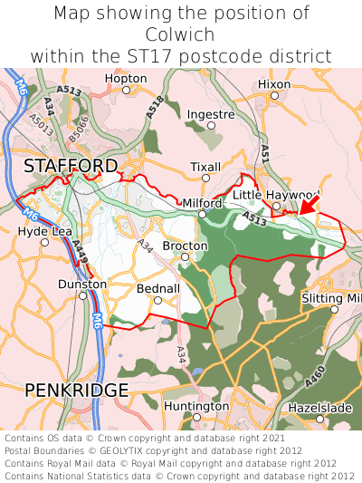 Map showing location of Colwich within ST17