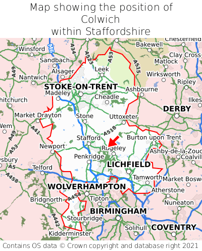 Map showing location of Colwich within Staffordshire
