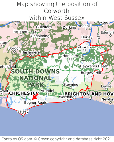 Map showing location of Colworth within West Sussex