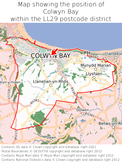 Map showing location of Colwyn Bay within LL29