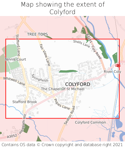Map showing extent of Colyford as bounding box