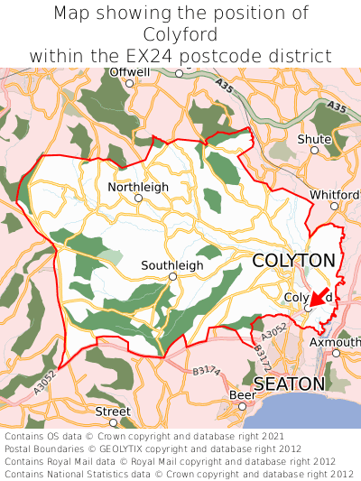 Map showing location of Colyford within EX24