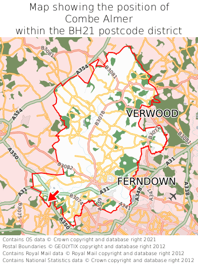 Map showing location of Combe Almer within BH21