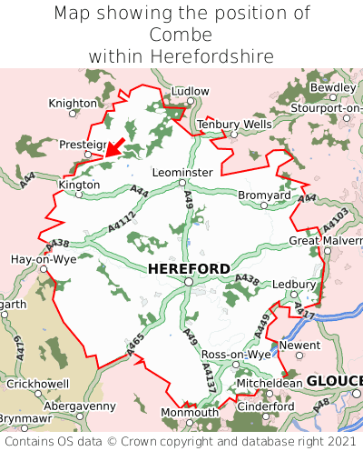 Map showing location of Combe within Herefordshire