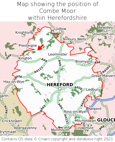 Map showing location of Combe Moor within Herefordshire