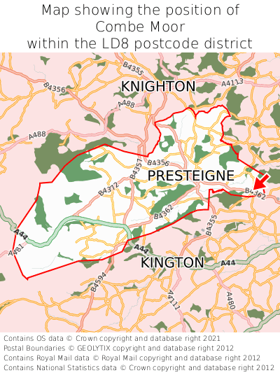 Map showing location of Combe Moor within LD8
