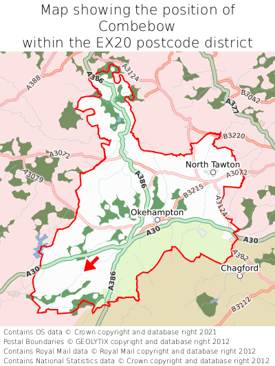 Map showing location of Combebow within EX20