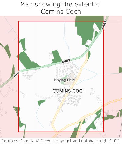 Map showing extent of Comins Coch as bounding box