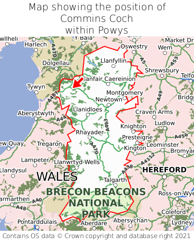 Map showing location of Commins Coch within Powys
