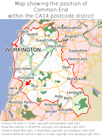 Map showing location of Common End within CA14