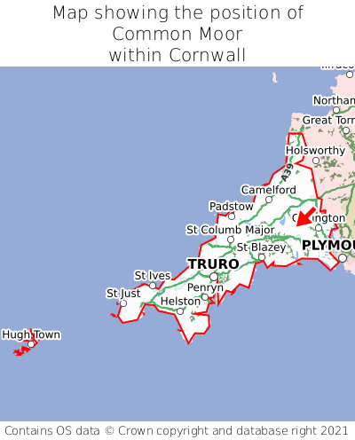 Map showing location of Common Moor within Cornwall