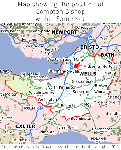 Map showing location of Compton Bishop within Somerset