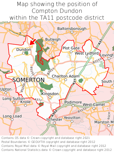 Map showing location of Compton Dundon within TA11