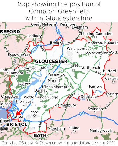 Map showing location of Compton Greenfield within Gloucestershire