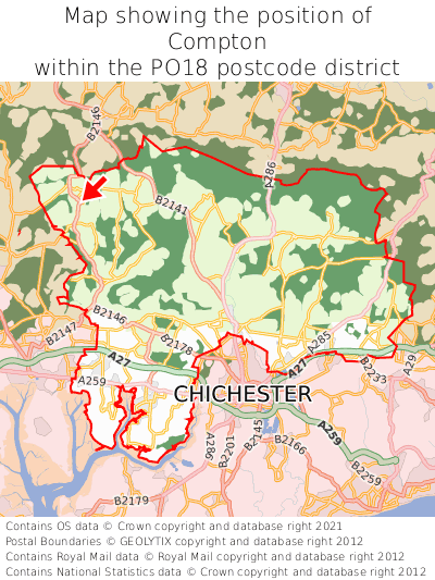 Map showing location of Compton within PO18