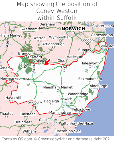 Map showing location of Coney Weston within Suffolk