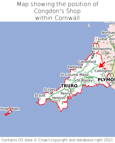 Map showing location of Congdon's Shop within Cornwall