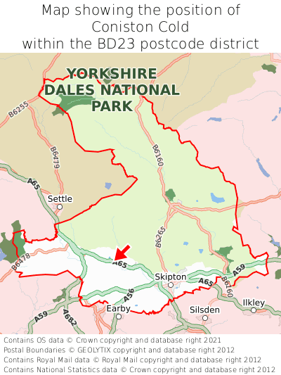 Map showing location of Coniston Cold within BD23