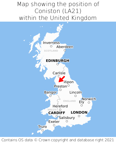 Map showing location of Coniston within the UK