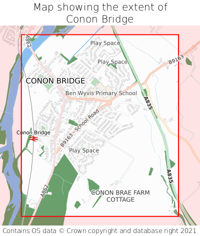 Map showing extent of Conon Bridge as bounding box