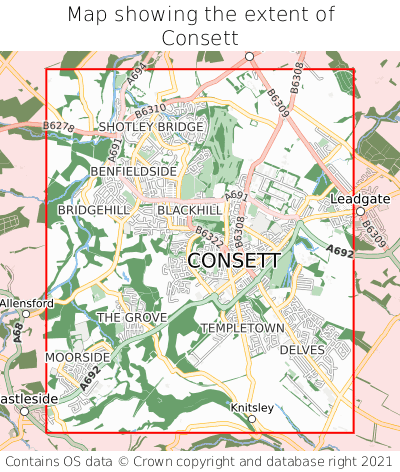 Map showing extent of Consett as bounding box