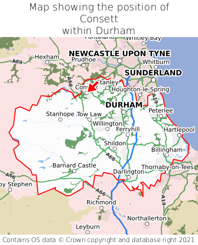 Map showing location of Consett within Durham