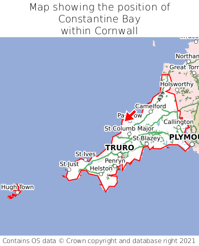 Map showing location of Constantine Bay within Cornwall
