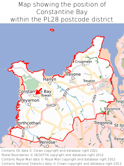 Map showing location of Constantine Bay within PL28