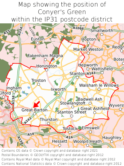 Map showing location of Conyer's Green within IP31
