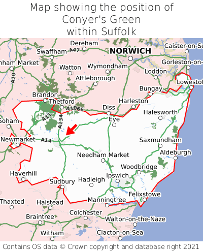 Map showing location of Conyer's Green within Suffolk