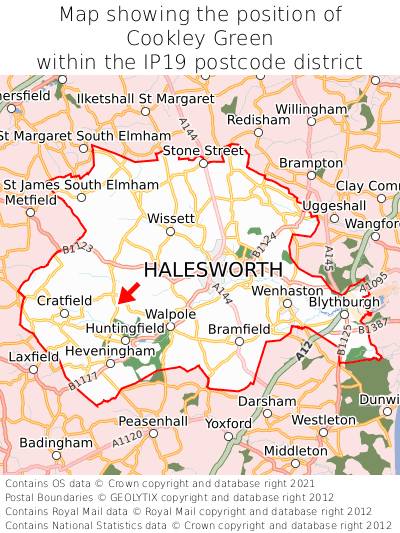 Map showing location of Cookley Green within IP19