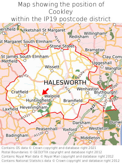 Map showing location of Cookley within IP19