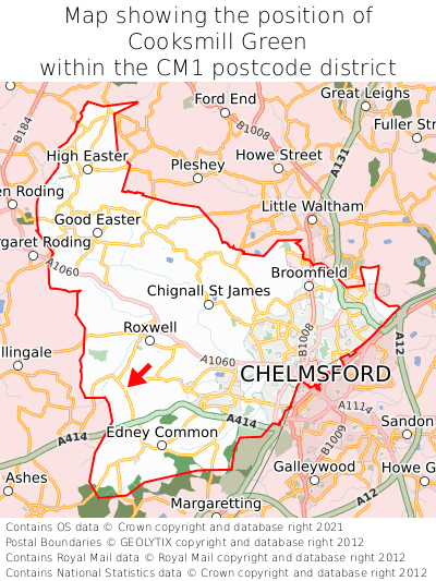 Map showing location of Cooksmill Green within CM1