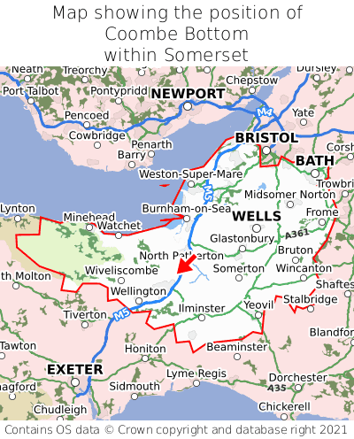Map showing location of Coombe Bottom within Somerset