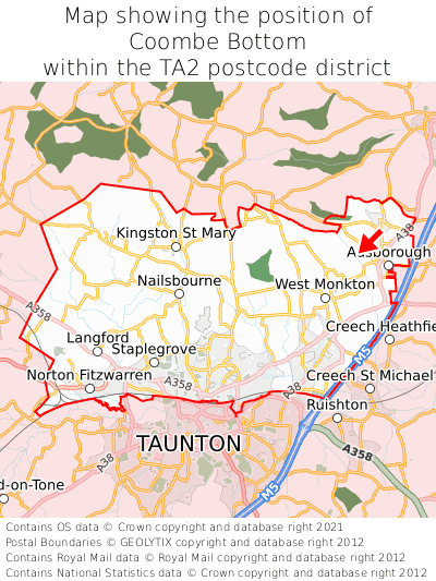 Map showing location of Coombe Bottom within TA2