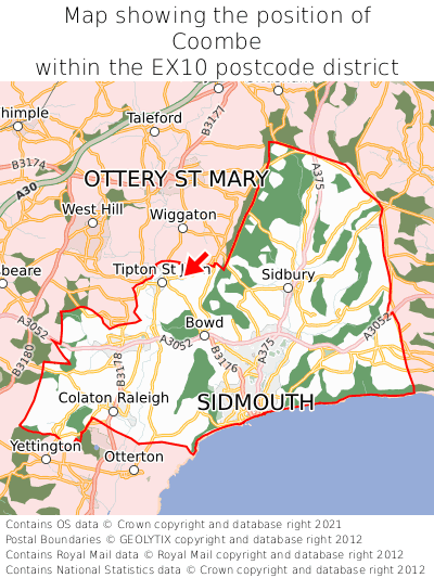 Map showing location of Coombe within EX10