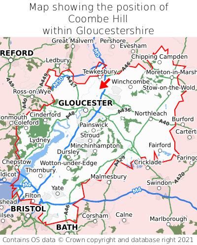 Map showing location of Coombe Hill within Gloucestershire