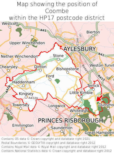 Map showing location of Coombe within HP17