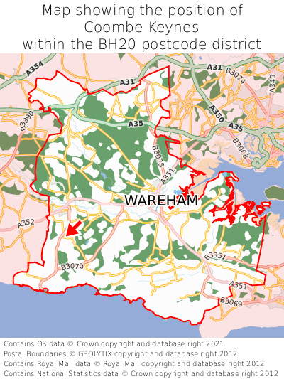 Map showing location of Coombe Keynes within BH20