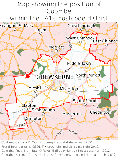 Map showing location of Coombe within TA18