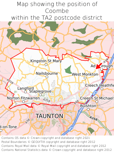 Map showing location of Coombe within TA2