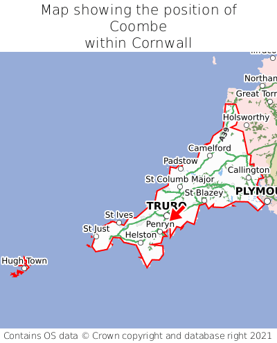 Map showing location of Coombe within Cornwall