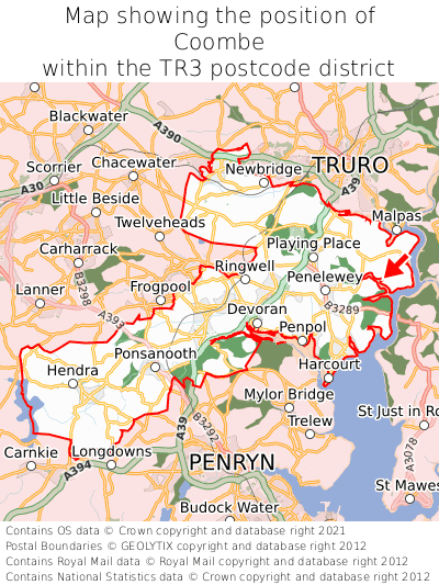 Map showing location of Coombe within TR3