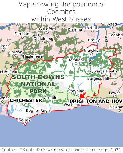 Map showing location of Coombes within West Sussex
