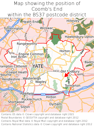 Map showing location of Coomb's End within BS37