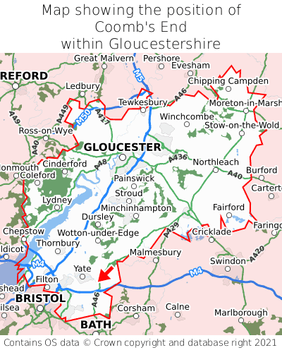 Map showing location of Coomb's End within Gloucestershire
