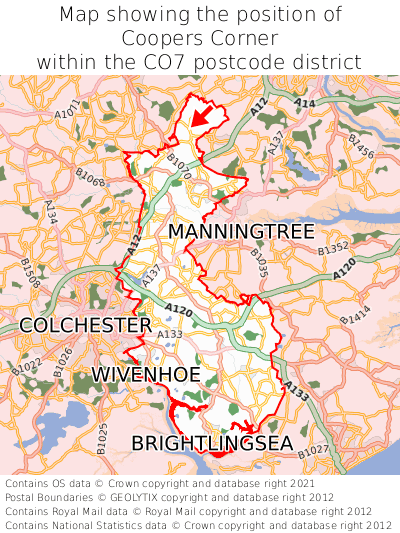 Map showing location of Coopers Corner within CO7