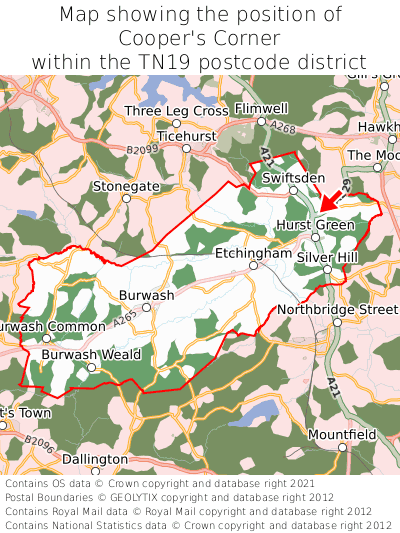 Map showing location of Cooper's Corner within TN19