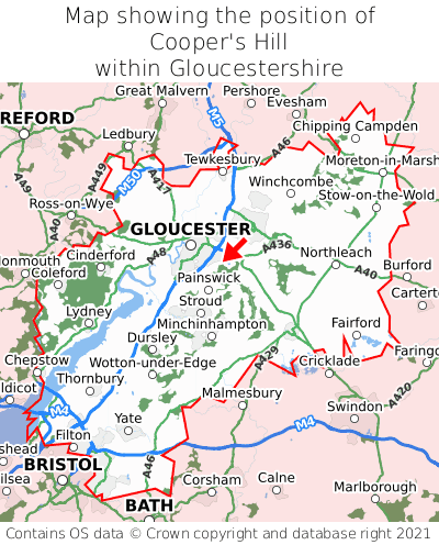 Map showing location of Cooper's Hill within Gloucestershire
