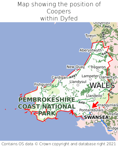Map showing location of Coopers within Dyfed